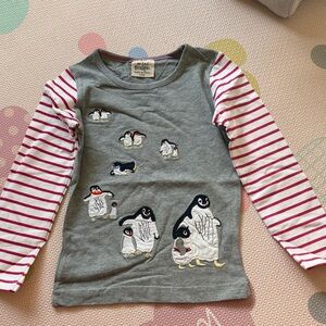 Mini Boden Gray Shirt with Red Striped Sleeves and Penguin Design